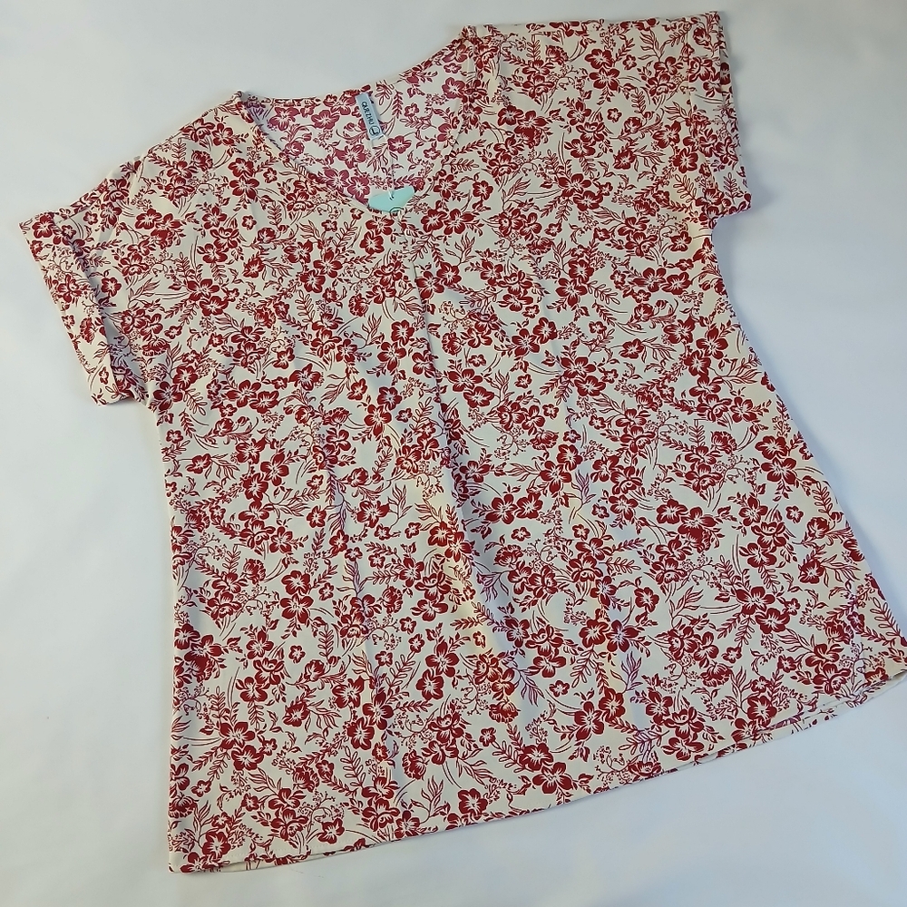 NWT New Que Zhu Floral Short Sleeve V-neck Top